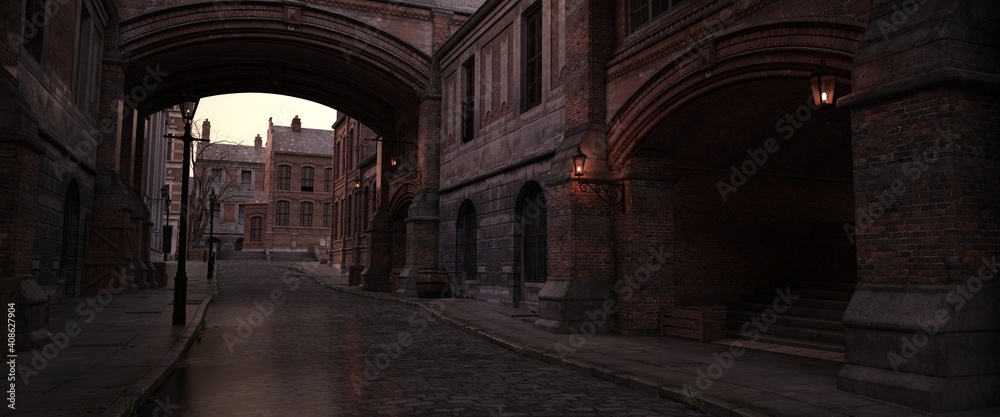 Steampunk scene. Dark evening in the ancient city. Lanterns illuminating old brick buildings. Beautiful night cityscape. Photorealistic 3D illustration.