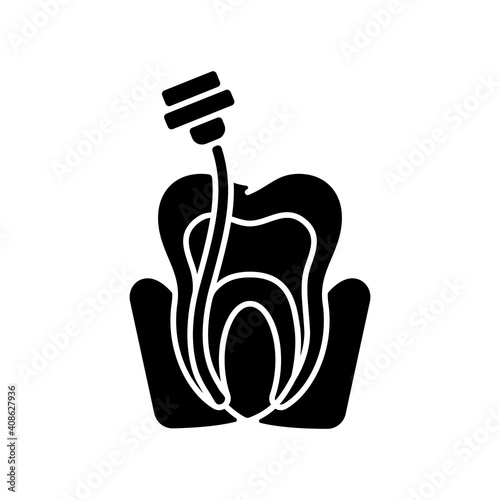 Endodontics black glyph icon. Journal of endodontics. Instruments for dental treatment. osmetic dentistry. Dental surgery. Silhouette symbol on white space. Vector isolated illustration