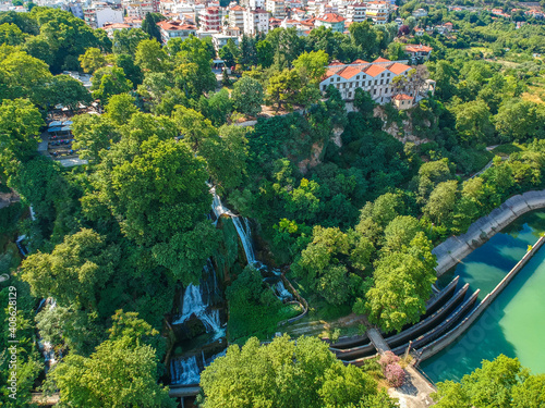 Aerial panoramic view of the powerful waterfalls of Edessa and the surrounded area in Edessa city, Greece