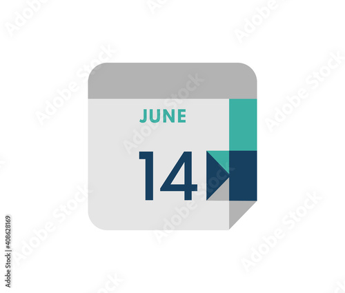 June 14 flat daily calendar date, 14 June Single Day Calendar  Icon