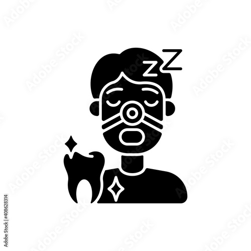 Sleeping dentistry black glyph icon. Stomatology sedation practice. Dental procedures. Instruments for dental treatment. Silhouette symbol on white space. Vector isolated illustration
