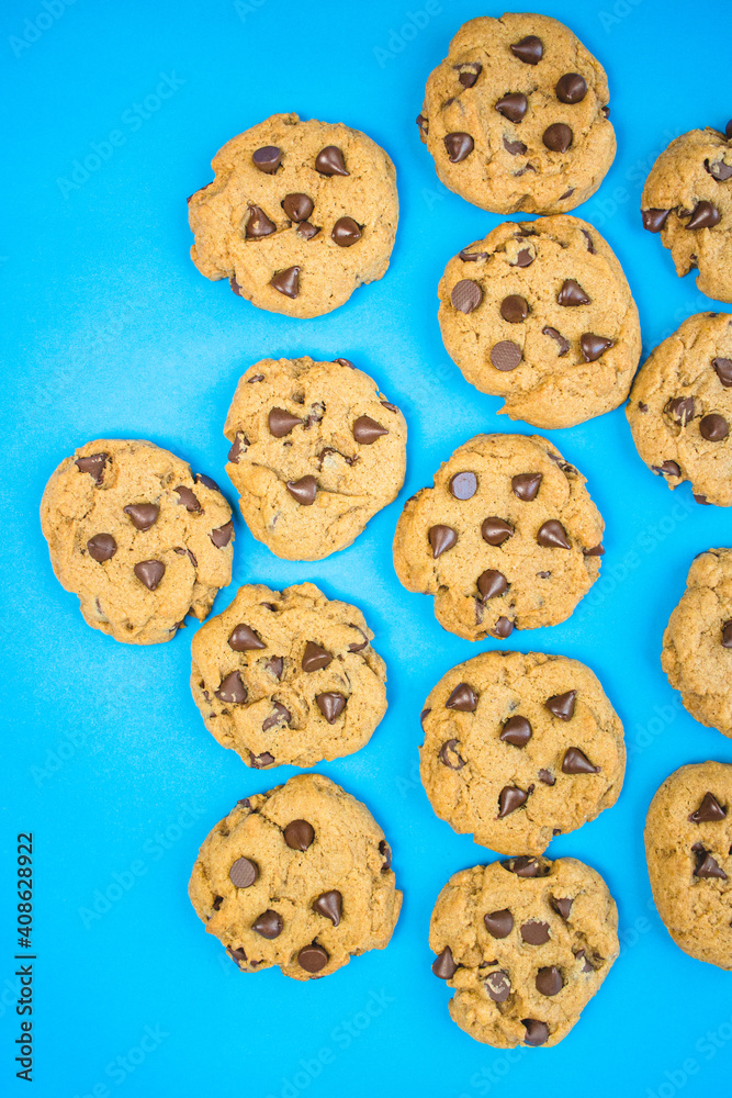 chocolate chip cookies on blue background chocolate chip cookies on blue background