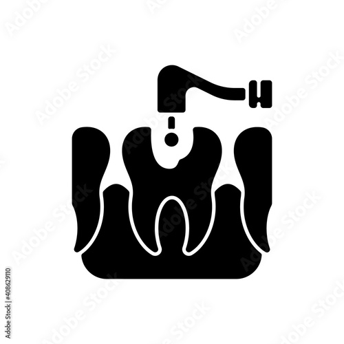Caries treatment black glyph icon. Painless dental treatment. Professional dental care. Crown restoration. Endodontic root canal. Silhouette symbol on white space. Vector isolated illustration