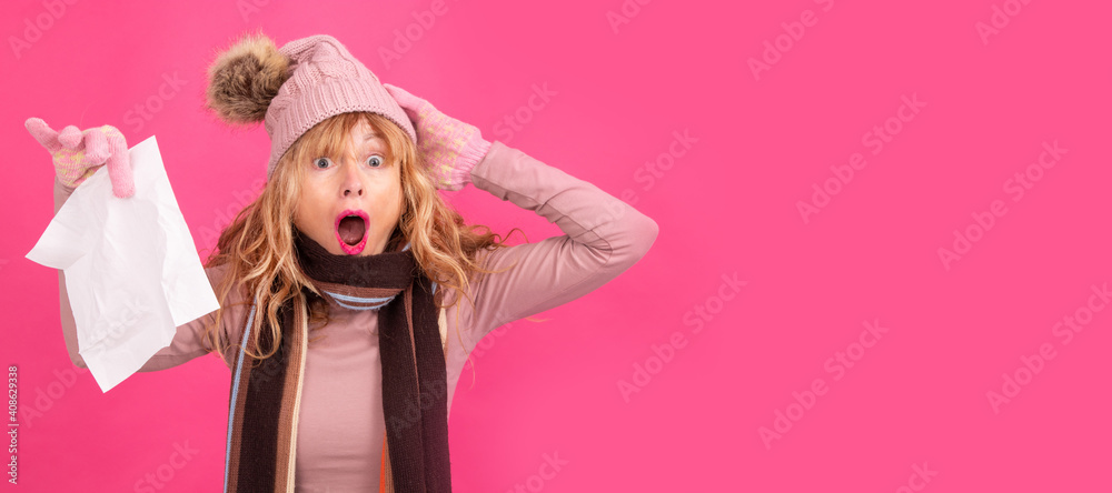 isolated woman warm with surprise and handkerchief from cold