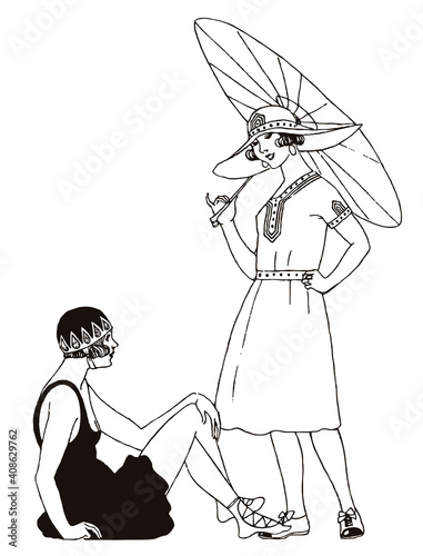 Standing young woman from the 20s in beachwear with parasol and sun hat and sitting woman wearing swimsuit and bathing cap