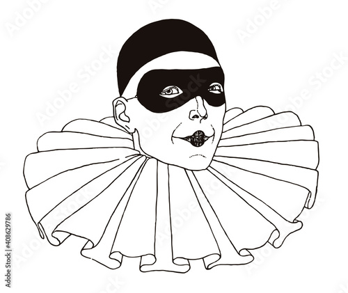 Head of smiling Pierrot wearing skull cap, eye mask and frilled collar. Illustration after drawing from the 20s