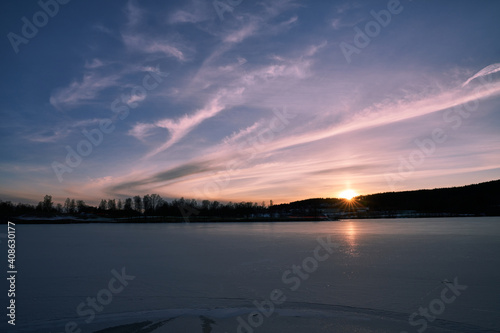 Sunset at the local lake outside of Oslo. Bogstadvannet in Nordmarka or Oslomarka it is called. This is a popular lake for fishing, skating and winter activities. 