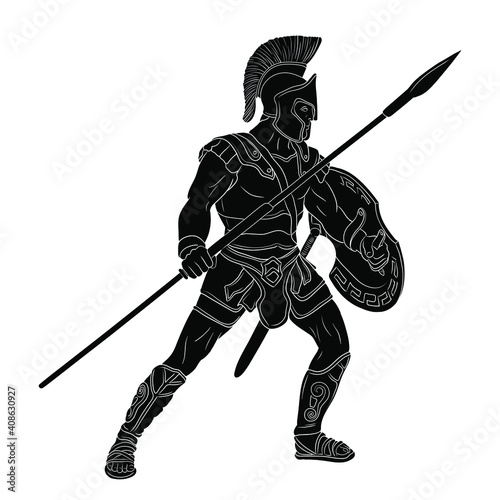 Ancient Greek warrior with a spear and shield in his hands is standing ready to attack. Vector illustration isolated on white background.