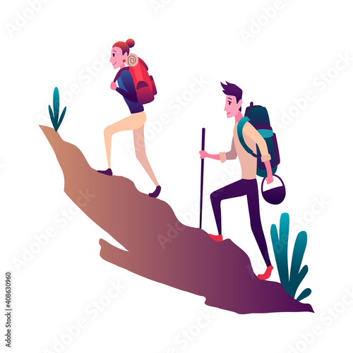 Young woman and man couple hiking in mountains. Concept friend characters with equipment in journey on hills. Discovery, exploration or adventure tourism and travel. Flat vector illustration