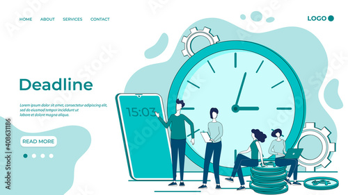 Deadline and time control.Business organization process, business people working together, working overtime under deadline conditions.People and a large watch with a smartphone showing the time.