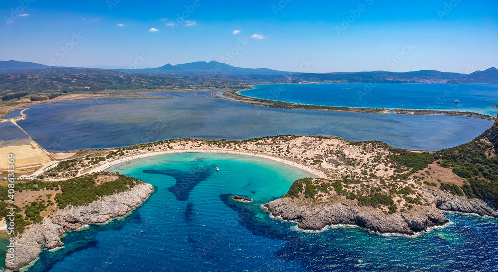 Aerial panorama view of the famous semicircular sandy beach and lagoon of Voidokilia in Messenia, Greece