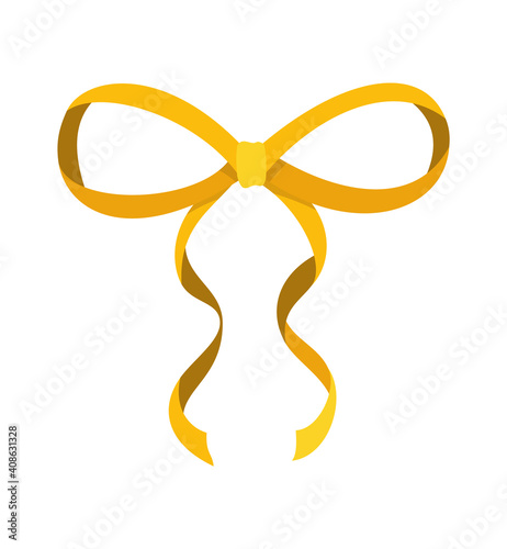 Gold bow. Cartoon vector yellow luxury design element of wrap pack. Decor element template. Celebration bow with ribbon isolated on white background