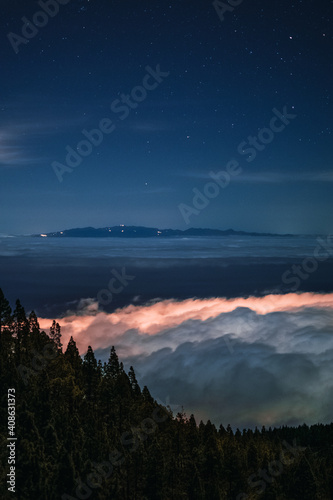 Night in a forest with clouds and stars