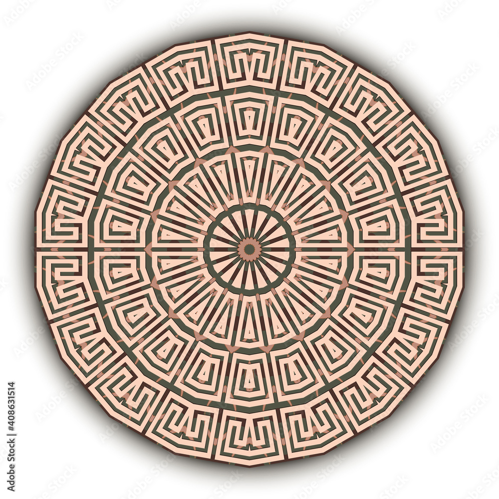 Round greek mandala pattern. Tribal ethnic style background. Vector geometric backdrop. Abstract radial modern ornaments with borders, frames, circles, greek key, meanders, geometric shapes