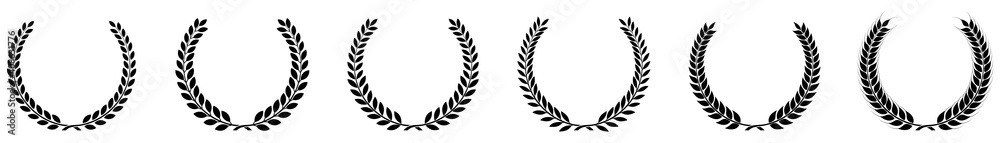 Set black silhouette circular laurel foliate isolated on white background, depicting an award, achievement, heraldry, nobility, Emblem floral greek branch flat style Set black silhouette circular laurel foliate isolated on white background, depicting an award, achievement, heraldry, nobility, Emblem floral greek branch flat style