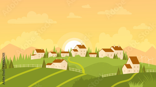 Summer landscape with village and sunrise vector illustration. Cartoon farm countryside outdoor view with farmer houses on fresh green meadow hills, mountains and sun on morning sky background