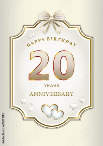 20 years anniversary, greeting card with hearts in an elegant curly frame with bow, festive background, vector design for celebration, invitation, congratulation