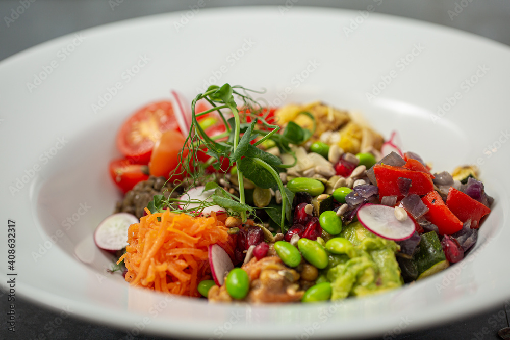 Mixed bean poke bowl salad with raddish, tomato, snap peas, green beans Mixed bean poke bowl salad with raddish, tomato, snap peas, green beans