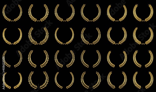 Golden laurel wreath isolated on white background, depicting an award, achievement, heraldry, nobility, Emblem floral greek branch flat style 