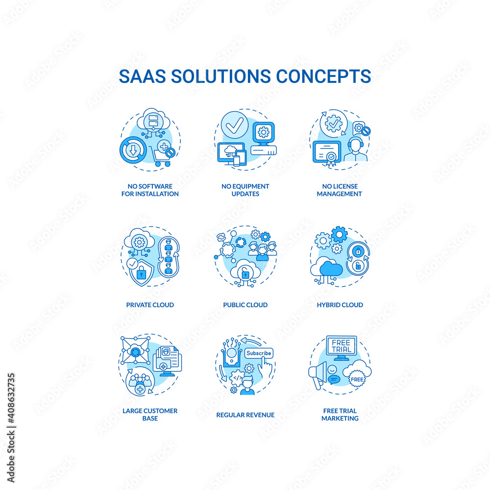 SaaS solutions concept icons set. Software-as-a-service idea thin line RGB color illustrations. Regular revenue. Customer base. Free trial marketing. Vector isolated outline drawings. Editable stroke SaaS solutions concept icons set. Software-as-a-service idea thin line RGB color illustrations. Regular revenue. Customer base. Free trial marketing. Vector isolated outline drawings. Editable stroke