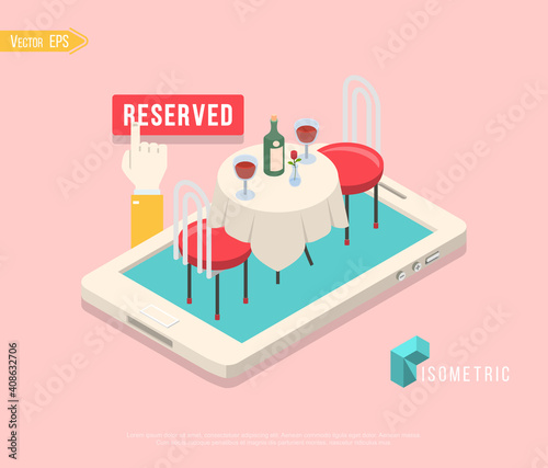Flat isometric restaurant table on smartphone vector illustration. 3d isometry online mobile reservation app concept.