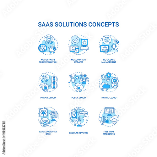 SaaS solutions concept icons set. Software-as-a-service idea thin line RGB color illustrations. Regular revenue. Customer base. Free trial marketing. Vector isolated outline drawings. Editable stroke