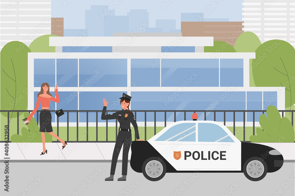 Police officer cop on city street urban scene vector illustration. Cartoon woman police worker character in uniform waving to walking pedestrian girl, standing in front of patrol police car background