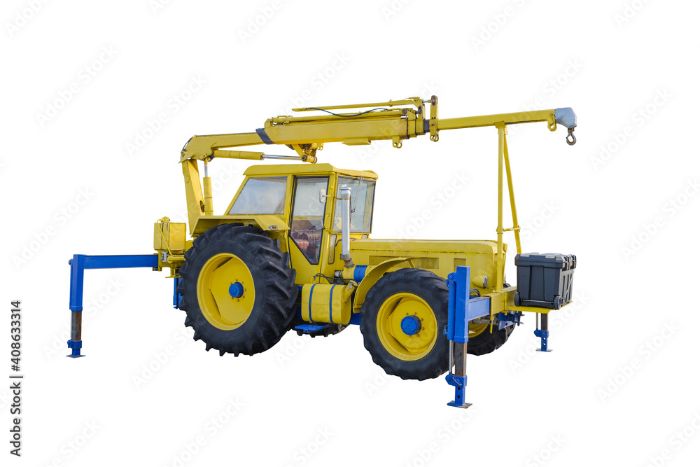 yellow tractor with telescopic boom on supports isolated on white background yellow tractor with telescopic boom on supports isolated on white background