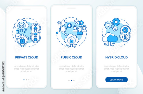 SaaS deployment types onboarding mobile app page screen with concepts. Private, public clouds walkthrough 3 steps graphic instructions. UI vector template with RGB color illustrations