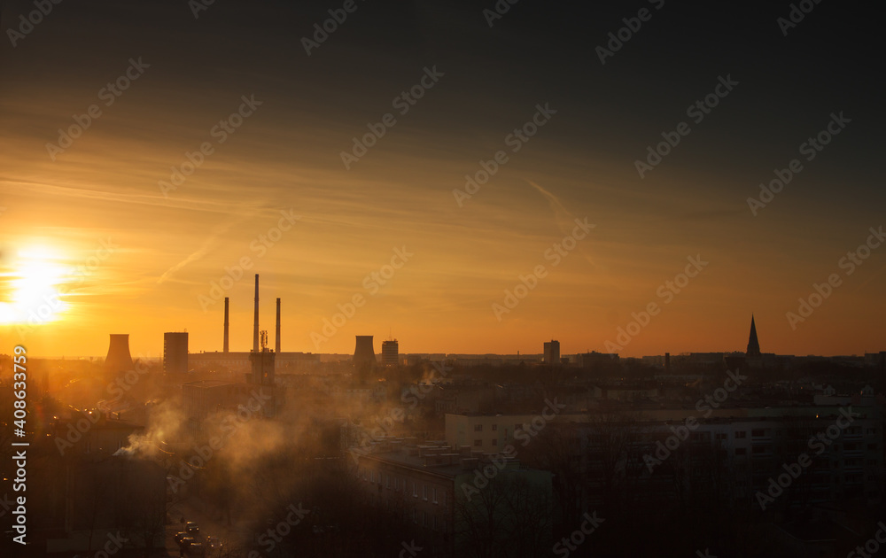 power station at sunset