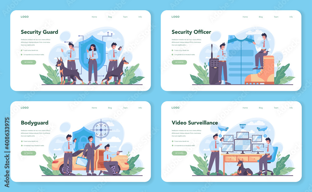 Security guard web banner or landing page set. Surveillance and ptrotection Security guard web banner or landing page set. Surveillance and ptrotection