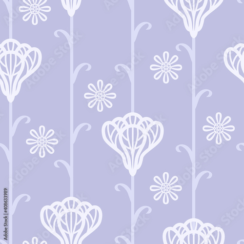 Seamless pattern with light flowers and leaves on purple background. Vector floral illustration. Botanical decoration.