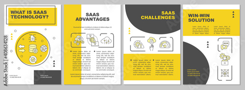 What is SaaS technology brochure template. SaaS challenges. Flyer, booklet, leaflet print, cover design with linear icons. Vector layouts for magazines, annual reports, advertising posters