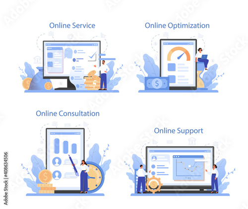 Cost optimization online service or platform set. Spending and cost reduction