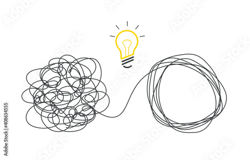 Tangle tangled and unraveled. Abstract metaphor of business problem solving or difficult situation. Simplification streamlining process. Vector illustration isolated on white background. photo
