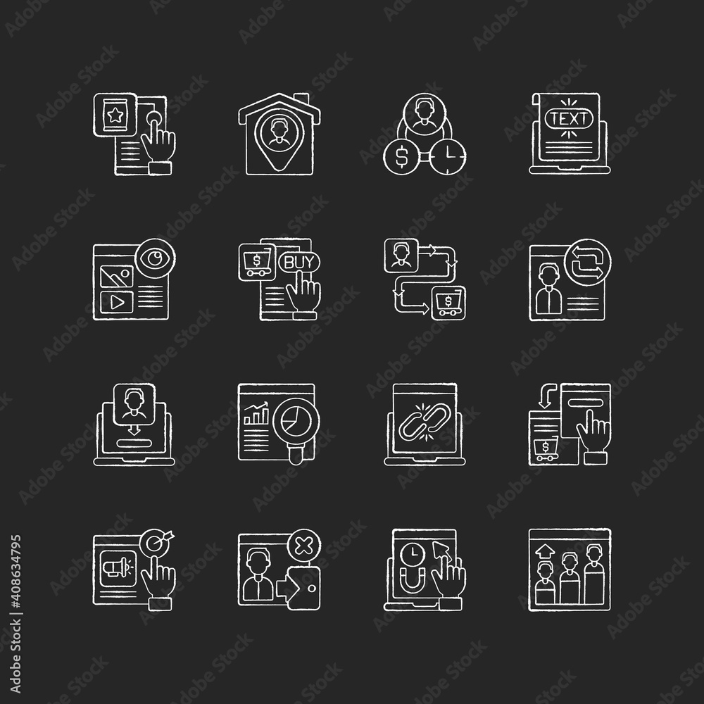Web analytics chalk white icons set on black background. Customer behavior during visiting website. Website traffic analyzing for getting more information. Isolated vector chalkboard illustrations Web analytics chalk white icons set on black background. Customer behavior during visiting website. Website traffic analyzing for getting more information. Isolated vector chalkboard illustrations