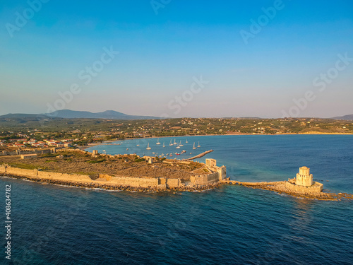 Fototapeta Naklejka Na Ścianę i Meble -  Aerial view over Methoni Castle and the fortified city in Methoni, Messenia, Greece