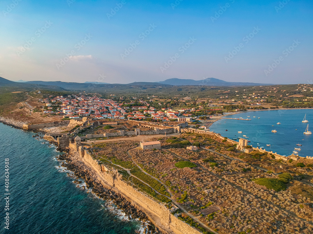 Aerial view over Methoni Castle and the fortified city in Methoni, Messenia, Greece