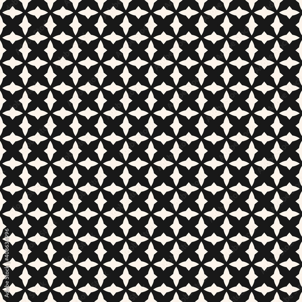 Black and white geometric seamless pattern with small curved shapes, diamonds, crosses, grid, mesh, lattice. Simple monochrome background texture. Repeated design for decor, print, fabric, wallpaper