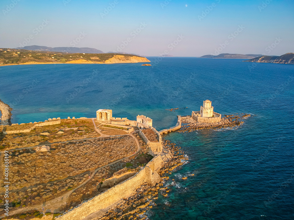 Aerial view over Methoni Castle and the fortified city in Methoni, Messenia, Greece