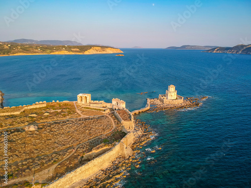 Aerial view over Methoni Castle and the fortified city in Methoni, Messenia, Greece