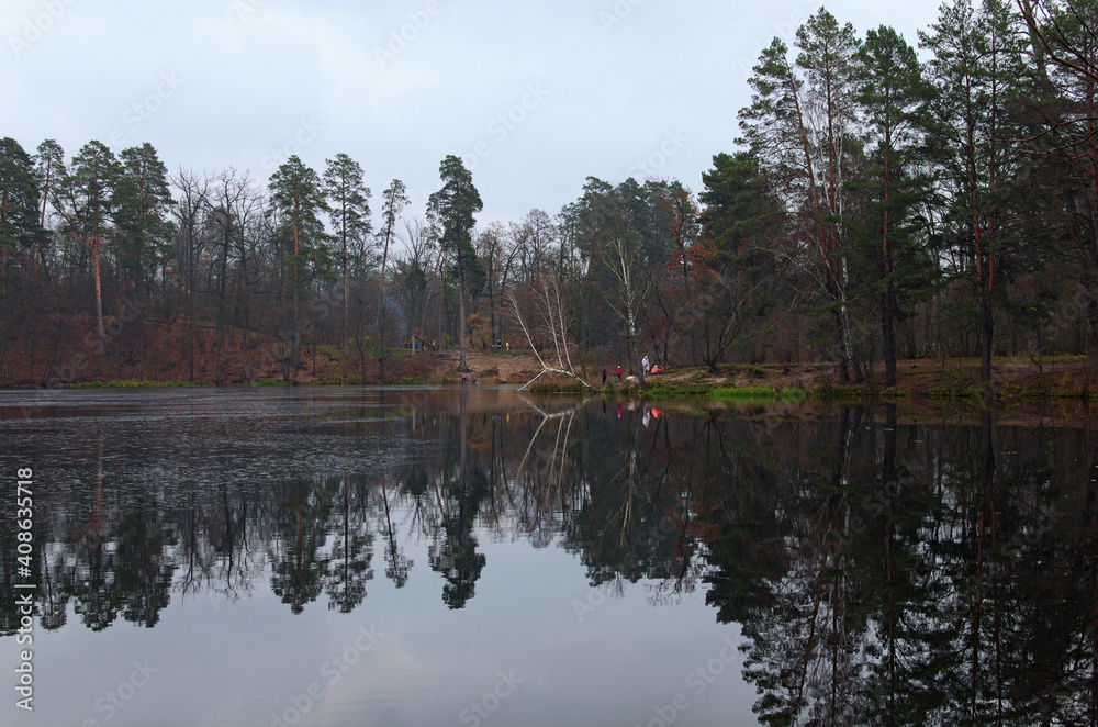 Obraz premium Cloudy autumn landscape. Scenic pond in the autumn colored forest. Trees reflected in the water. Autumn nature on the Pushcha-Vodytsia. Kyiv neighborhood, Ukraine