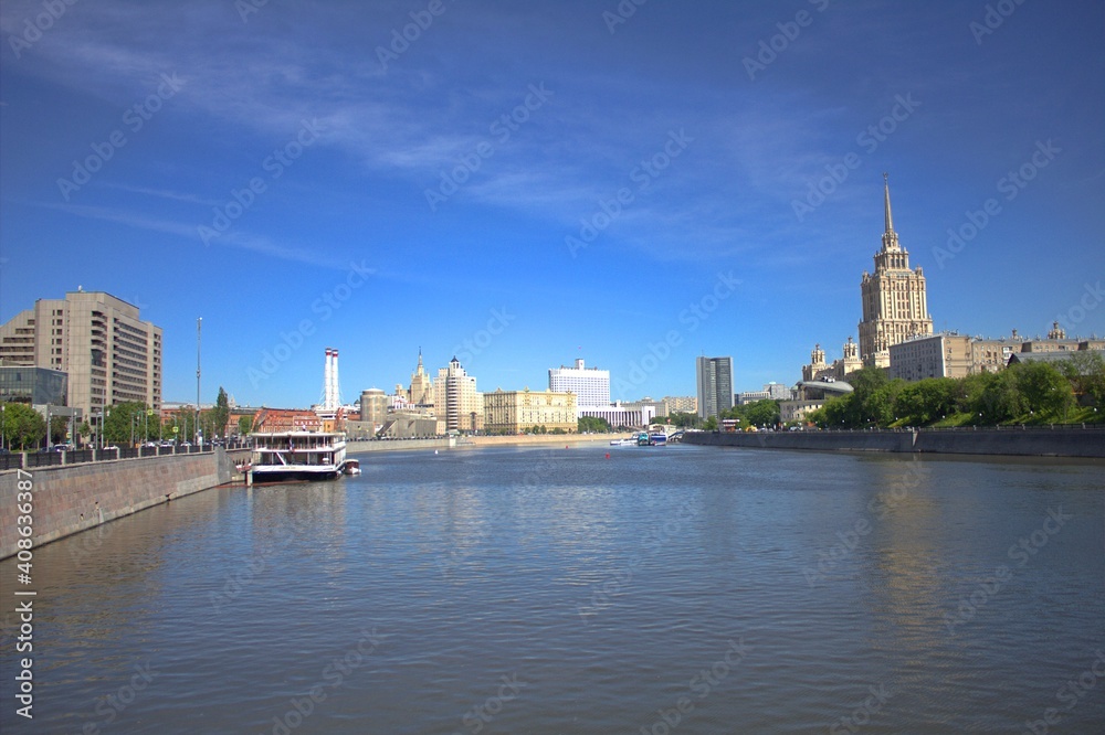 View of the Moscow river on a sunny day with light clouds.