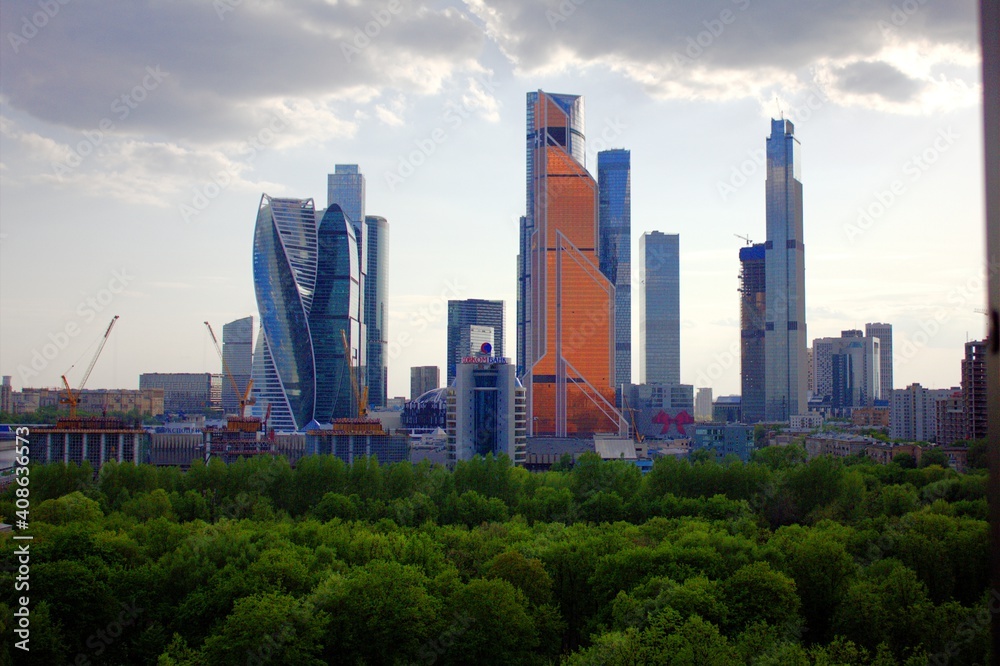 Top view of the park and the business center of Russia in Moscow.
