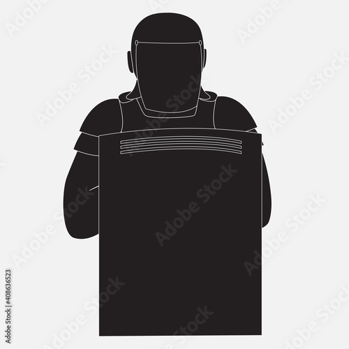 Policeman in uniform with a shield. Vector isolated silhouette black and white icon.