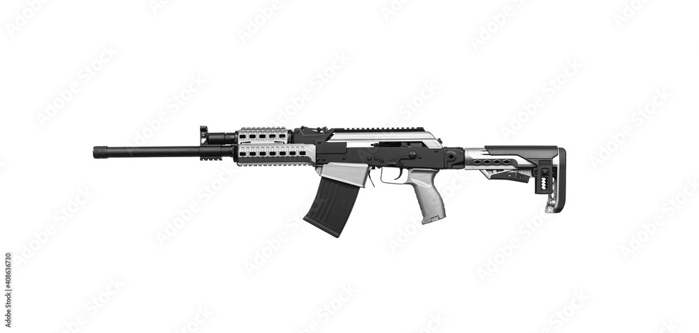 Modern semi-automatic shotgun. Weapons for sports and hunting. Black silver weapon isolate on white back