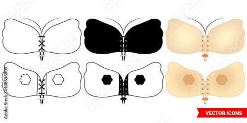 Bra Invisible or Fly-Bra without straps icon of 3 types color, black and white, outline. Isolated vector sign symbol.