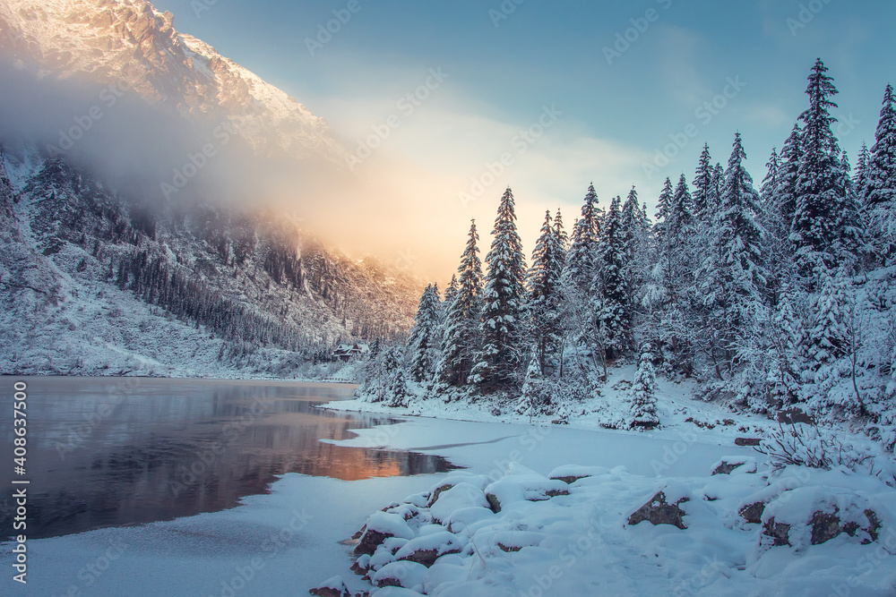 Winter mountain landscape in Canada. Wild snowy mountain near an icy lake. Forest in mountains nature at morning sunlight.