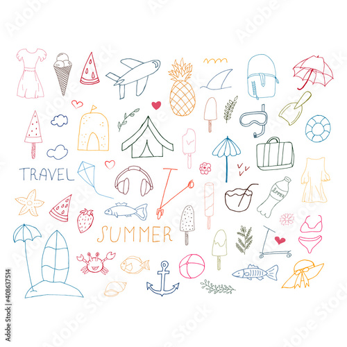 Summer set. Doodle beach elements. Set of summer hand drawn icons on white background. Vector illustration with random elements. Design for prints and cards.