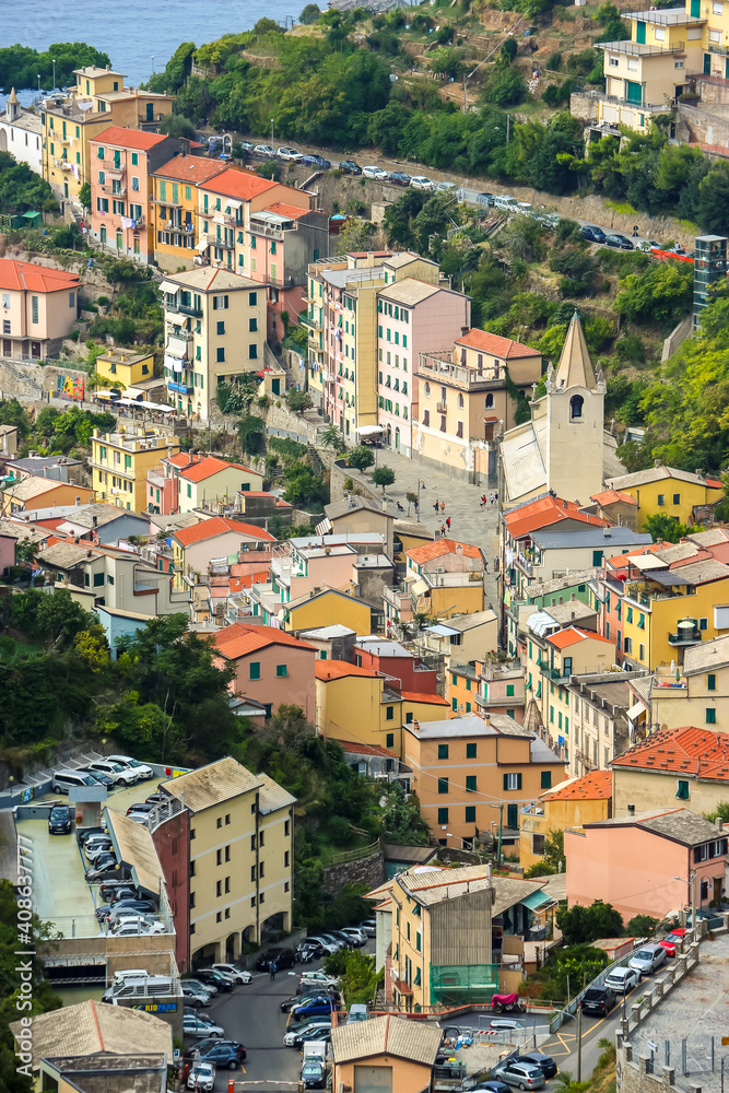 Beautiful view of Riomaggiore, a village in province of La Spezia, Liguria, Italy.